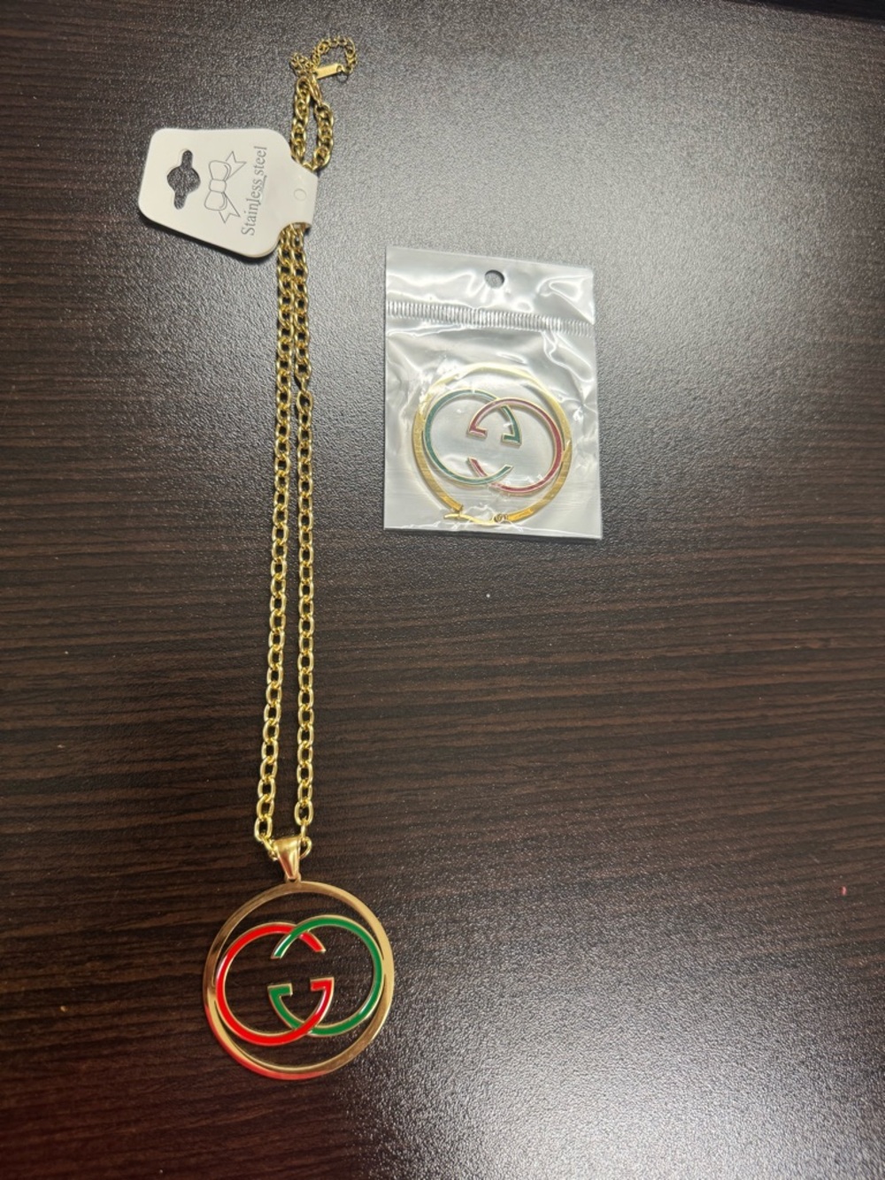 Gold Tone Pendant Necklace with Red & Green Double-G Style Emblem & Earring Set